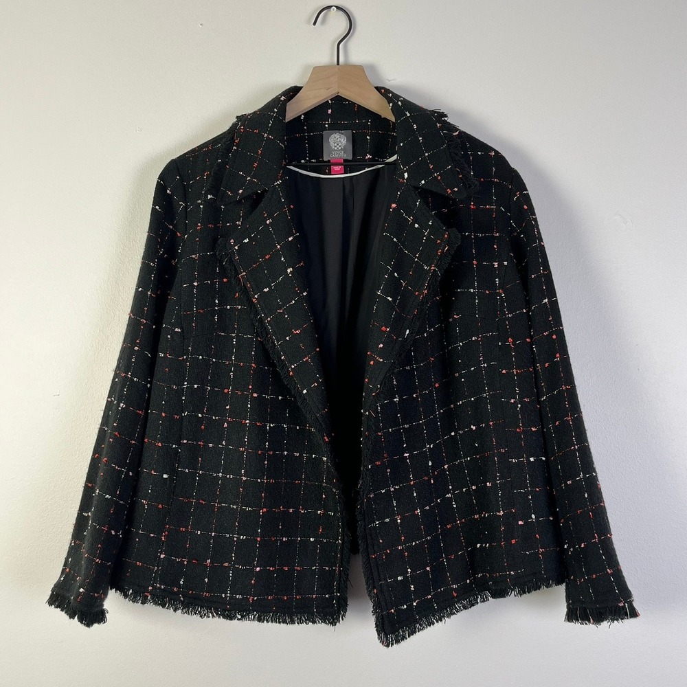 Vince Camuto‎ Tweed Blazer Officecore Fringe Trim Black Open Front Jacket 1X